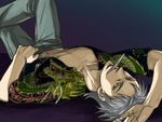  akagi akagi_shigeru arm_up artist_request collarbone dragon_print foreshortening gradient gradient_background grey_pants grin looking_at_viewer looking_back lying male_focus mouth_hold navel on_back open_clothes open_shirt pants shirt short_sleeves silver_eyes silver_hair smile solo stomach teeth 
