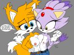  2019 absurd_res anthro asymmetrical_docking big_breasts blaze_the_cat blue_eyes blush breast_size_difference breast_squish breasts canid canine clothed clothing crossgender dipstick_tail female fox fur hand_on_hip hi_res jumpjump mammal miles_prower multi_tail multicolored_fur multicolored_tail navel nipples simple_background small_breasts sonic_(series) topless two_tone_fur yellow_eyes 