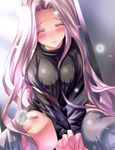  blush breast_squeeze breasts closed_eyes fate/stay_night fate_(series) huge_breasts long_hair long_sleeves rider shiranagi solo thighhighs very_long_hair 