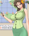  breasts brown_hair clock covered_nipples digital_clock glasses green_skin huge_breasts jpeg_artifacts long_hair mokusa original pointer sleeveless solo weather 