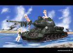  abubu arm_up beach bow bow_panties breasts camouflage capri_pants caterpillar_tracks cloud day grey_hair ground_vehicle gun hat hatch high_ponytail leg_lift letterboxed long_hair military military_vehicle motor_vehicle multiple_girls navel on_vehicle one_eye_closed original outdoors panties pants ponytail public_nudity rifle scope shirt_lift short_hair sky small_breasts smoke standing standing_on_one_leg straddling striped striped_panties t-34 tan tank topless underwear undressing wading wallpaper water weapon white_hair white_panties 