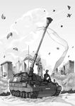  1girl aircraft airplane b-2_spirit caterpillar_tracks cityscape flag greyscale ground_vehicle military military_vehicle monochrome motor_vehicle original panzerhaubitze_2000 scenery self-propelled_gun tank yuu_(yuyukaikan) 