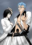  arrancar black_hair bleach blue_hair espada evil_grin evil_smile grimmjow_jaegerjaquez grin hole_on_body kedo_mitsuharu long_sleeves male_focus multiple_boys sheath sheathed skull smile sword ulquiorra_cifer weapon white_skin 