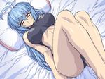  alicia_mcfadden bed blue_hair bra brave_soul breasts game_cg large_breasts lingerie long_hair mogudan purple_eyes solo sports_bra underwear 