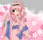  flower galaxy_angel japanese_clothes kimono long_hair milfeulle_sakuraba oekaki one_eye_closed pink_hair ribbon solo 