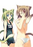  alternate_color_school_swimsuit animal_ears ass back bikini blue_eyes brown_hair butt_crack cat_ears face glasses green_hair green_swimsuit grin looking_back lowleg lowleg_bikini manika monika_(hannama) multiple_girls name_tag naughty_face one-piece_swimsuit one_eye_closed original red_eyes school_swimsuit short_hair side-tie_bikini smile soine swimsuit tail wet white_bikini 