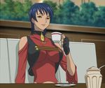  blue_hair breasts carmen99 collar cup earrings gunxsword jewelry large_breasts screencap short_hair sitting solo tea yellow_eyes 