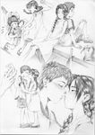  1girl abenobashi_mahou_shoutengai asahina_arumi couple dress fan graphite_(medium) greyscale harisen hetero highres imamiya_satoshi imminent_kiss kiss krutta_fan monochrome sketch sleepy traditional_media 