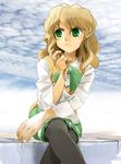  blonde_hair cloud crossed_legs frown gofu green_eyes hand_in_hair long_hair long_sleeves looking_away minato pantyhose school_uniform sitting sky solo sweater sweater_vest vest zegapain 