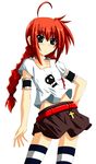  fumihiro lyrical_nanoha mahou_shoujo_lyrical_nanoha mahou_shoujo_lyrical_nanoha_a's red_hair shirt solo striped striped_legwear t-shirt thighhighs vita 