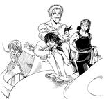  bags_under_eyes chabudai death_note greyscale l_(death_note) long_sleeves male_focus monkey_d_luffy monochrome multiple_boys one_piece parody roronoa_zoro ryuk sanji ukita_hirokazu usopp 