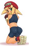  aqua_eyes ass bdsm bike_shorts blonde_hair bondage bound cameltoe crying crying_with_eyes_open fat_mons from_behind gag gagged gloves hat improvised_gag kneeling looking_back midriff rockman rockman_dash roll_caskett rope solo solomon_k spandex tape tape_gag tears 