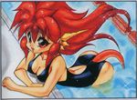  90s arched_back arm_support bent_over breasts casual_one-piece_swimsuit cleavage dragon_girl dragon_half dragon_horns dragon_tail from_above horns lane_line medium_breasts mink_(dragon_half) mita_ryuusuke official_art one-piece_swimsuit pool poolside red_eyes red_hair smile solo sparkle swimsuit tail triangle_mouth wading water 