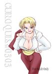 bad_anatomy blonde_hair blue_eyes breasts cleavage cover cover_page cowboy_shot doujin_cover earrings engrish hand_on_hip huge_breasts jewelry king_(snk) lips long_sleeves miyayoshi_(bricola) ranguage ryuuko_no_ken short_hair simple_background snk solo the_king_of_fighters white_background 