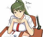  bored breast_press breasts desk eraser green_hair hands_clasped looking_at_viewer original own_hands_together paper ponytail solo sword weapon yizumi 