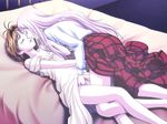  bed closed_eyes fingering game_cg girl_on_top groping kiss long_hair long_sleeves lying maruberu multiple_girls muted_color mutual_masturbation nightgown noel_(game) plaid plaid_skirt skirt tenzaki_riri very_long_hair yoshikawa_noel yuri 