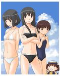  :3 :d aihara_nana arms_behind_back bikini black_bikini black_eyes black_hair blush blush_stickers brown_eyes brown_hair chibi cloud collarbone cowboy_shot crossed_arms day flying_sweatdrops frown futami_eriko goggles goggles_on_head groin hair_ribbon hands_together imo_works innertube kimi_kiss long_hair looking_at_viewer multiple_girls navel one-piece_swimsuit open_mouth outdoors ribbon satonaka_narumi shijou_mitsuki short_hair sky smile solid_circle_eyes swimsuit white_bikini 