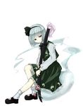  bob_cut flower full_body head_tilt hitodama konpaku_youmu konpaku_youmu_(ghost) long_sleeves ofuda red_eyes sheath sheathed shikai_(iesiki_56) silver_hair simple_background sitting solo sword touhou weapon 