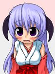  artist_request bare_shoulders blush bow collarbone cowboy_shot demon_horns detached_sleeves frown hakama hanyuu higurashi_no_naku_koro_ni horns japanese_clothes kimono long_hair long_sleeves purple_eyes purple_hair red_bow red_hakama ribbon-trimmed_sleeves ribbon_trim sleeveless sleeveless_kimono solo wavy_mouth 