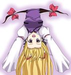  blonde_hair gap hat long_hair long_sleeves nori_(mega_drive) open_mouth purple_eyes solo touhou upside-down yakumo_yukari 