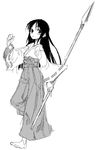  barefoot feet greyscale japanese_clothes long_sleeves miko monochrome original polearm satou_atsuki solo spear weapon 