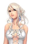  bare_shoulders blue_eyes breasts cleavage curly_hair earrings jewelry lace-up large_breasts lips original ryu_(ryu's_former_site) solo white_hair 