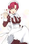  apple apron bazett_fraga_mcremitz blush breasts crushing earrings fate/hollow_ataraxia fate/stay_night fate_(series) food fruit jewelry large_breasts long_sleeves maid red_eyes red_hair short_hair solo takenashi_eri 