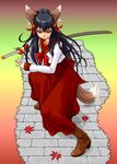  animal_ears boots fox_ears katana long_sleeves oekaki original school_uniform solo sword tail weapon yuuki_(silent_moon) 