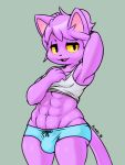  abs anthro bulge clothed clothing felid feline fluffyfrumples girly hair looking_at_viewer male mammal open_mouth smile solo standing 