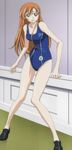  ashford_academy_swimsuit black_footwear blue_swimsuit breasts cleavage code_geass emblem emblem_request green_eyes highres indoors loafers long_hair medium_breasts one-piece_swimsuit open_mouth orange_hair school_swimsuit screencap shirley_fenette shoes solo stitched surprised swimsuit third-party_edit 