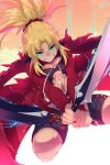  1girl blonde_hair breasts chloe_von_einzbern chloe_von_einzbern_(cosplay) cis05 cosplay dual_wielding fang fate/grand_order fate_(series) green_eyes grin holding jumping kanshou_&amp;_bakuya long_coat midriff mordred_(fate) mordred_(fate)_(all) navel ponytail small_breasts smile 