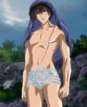  brown_eyes brown_hair bulge erection erection_under_clothes hayama_kouichi kao_no_nai_tsuki male_focus naked_towel scar screencap see-through solo towel 