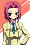  ashford_academy_uniform blazer blue_eyes code_geass expressionless green_neckwear hand_on_hip jacket kallen_stadtfeld long_sleeves looking_at_viewer necktie nippori orange_background red_hair short_hair solo upper_body white_background 