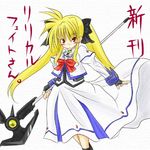  bardiche blonde_hair boshinote bow cosplay fate_testarossa fingerless_gloves gloves long_hair long_sleeves lowres lyrical_nanoha magical_girl mahou_shoujo_lyrical_nanoha mahou_shoujo_lyrical_nanoha_a's red_bow red_eyes solo takamachi_nanoha takamachi_nanoha_(cosplay) translation_request twintails 