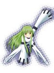  aoibou bangs bodysuit c.c. code_geass green_hair long_hair long_sleeves parody solo straitjacket white_bodysuit 