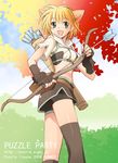  :d animal_ears arror autumn_leaves bike_shorts black_legwear blonde_hair bow_(weapon) cat_ears cowboy_shot fletches green_eyes holding holding_weapon hunter_(ragnarok_online) looking_at_viewer midriff navel open_mouth quiver ragnarok_online short_hair shorts shorts_under_skirt smile solo standing stomach thighhighs weapon 