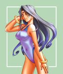  aa_megami-sama bracelet breasts covered_nipples dark_skin earrings facial_mark forehead_mark jewelry kazemal large_breasts long_hair one-piece_swimsuit ring school_swimsuit silver_hair solo swimsuit urd yellow_eyes 