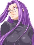  breasts covered_nipples fate/stay_night fate_(series) glasses jpeg_artifacts large_breasts long_hair purple_hair rider shinama simple_background solo turtleneck upper_body white_background 