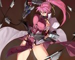  armpits black_panties blue_eyes breasts cleavage covered_nipples fingerless_gloves gloves hair_ribbon large_breasts levantine lyrical_nanoha mahou_shoujo_lyrical_nanoha mahou_shoujo_lyrical_nanoha_a's panties pink_hair ponytail ribbon signum solo sun-3 sword thighs underwear weapon whip whip_sword wind wind_lift 