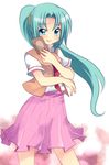  aqua_hair bangs blue_eyes blush contrapposto cowboy_shot eyebrows_visible_through_hair food higurashi_no_naku_koro_ni holding long_hair looking_at_viewer parted_bangs pink_skirt pleated_skirt shirt short_sleeves simple_background skirt solo sonozaki_mion standing subaru_(yachika) toast white_background white_shirt 