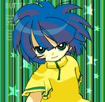  &gt;:) artist_request blue_hair green_eyes looking_at_viewer lowres matsubara_kaoru powered_buttercup powerpuff_girls_z short_hair short_sleeves smile solo star striped striped_background upper_body v-shaped_eyebrows vertical-striped_background vertical_stripes 
