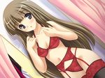  black_legwear blue_eyes blush bra breasts brown_hair cleavage dutch_angle fitting_room game_cg garter_belt hime_(neko_no_hime) lace lace-trimmed_bra lace-trimmed_panties lace-trimmed_thighhighs lingerie long_hair medium_breasts navel neko_no_hime open_mouth panties red_bra red_panties solo thighhighs underwear underwear_only very_long_hair walk-in yameta_takashi 