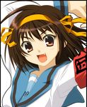  armband brown_hair fang short_hair solo soshina_nohito suzumiya_haruhi suzumiya_haruhi_no_yuuutsu 