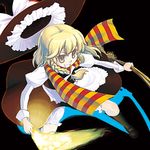  apron blonde_hair bloomers braid broom fire hat holding juliet_sleeves kabayaki_unagi kirisame_marisa long_sleeves lowres multicolored multicolored_clothes multicolored_scarf puffy_sleeves scarf shirt side_braid skirt smile solo striped striped_scarf touhou underwear white_shirt witch_hat yellow_eyes 