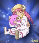  blush_stickers closed_eyes duel_monster hug long_hair long_sleeves lowres miirkat pikeru red_hair scapegoat sitting smile twintails yuu-gi-ou 