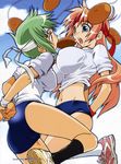  blue_eyes breasts buruma cameltoe copyright_request green_hair gym_uniform headband huge_breasts jumping large_breasts long_hair mouth_hold multiple_girls pink_hair sakuraniku_umatarou short_hair 