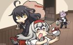  3girls ahoge animalization black_hair black_legwear black_serafuku box brown_eyes cat commentary_request cowboy_shot crescent crescent_hair_ornament crescent_moon_pin dated hair_ornament hairband hallway hamu_koutarou heart highres kantai_collection lantern long_hair mikazuki_(kantai_collection) multiple_girls necktie remodel_(kantai_collection) sack school_uniform serafuku shoukaku_(kantai_collection) tama_(kantai_collection) tasuki tripping white_hair white_neckwear yellow_eyes 