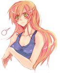  &gt;:( artist_request bangs bare_shoulders blush breasts code_geass collarbone frown green_eyes long_hair medium_breasts one-piece_swimsuit orange_hair school_swimsuit shirley_fenette simple_background solo swimsuit upper_body v-shaped_eyebrows 