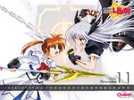  2girls arm_belt artist_request battle book bow calendar_(medium) chain duel facial_mark fingerless_gloves gloves head_wings korean long_sleeves lyrical_nanoha magazine_(weapon) magical_girl mahou_shoujo_lyrical_nanoha mahou_shoujo_lyrical_nanoha_a's multiple_girls multiple_wings november purple_eyes raising_heart red_bow red_eyes red_hair reinforce silk silver_hair takamachi_nanoha tome_of_the_night_sky twintails waist_cape watermark web_address white_devil winged_hair_ornament wings 