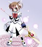  bow fingerless_gloves gloves kazekawa_nagi long_sleeves lyrical_nanoha magazine_(weapon) magic_circle magical_girl mahou_shoujo_lyrical_nanoha mahou_shoujo_lyrical_nanoha_a's purple_eyes raising_heart red_bow red_eyes solo takamachi_nanoha twintails 